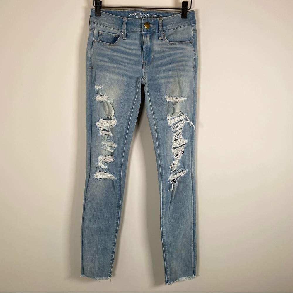 American Eagle 360 Super Stretch Ripped Light Wash Denim Skinny Jeans 0 Regular‎